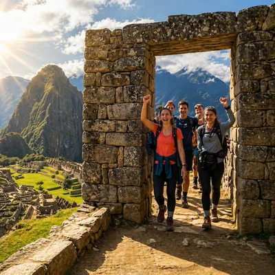 Happy hikers arriving through the Sun Gate with a scenic view of Machu Picchu in the background | Inca Culture Travel