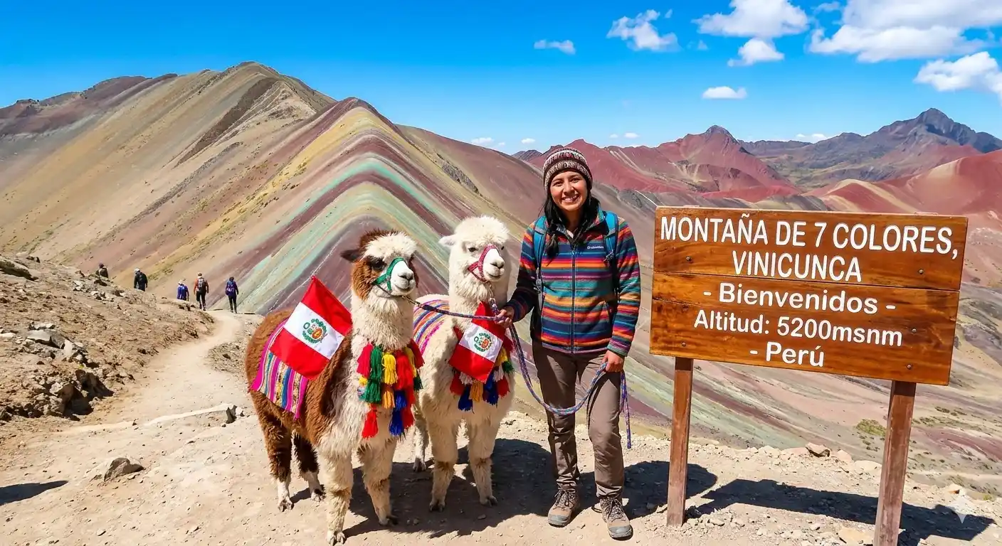 Traveler posing with traditional alpacas next to the official sign at Rainbow Mountain in Cusco | Inca Culture Travel
